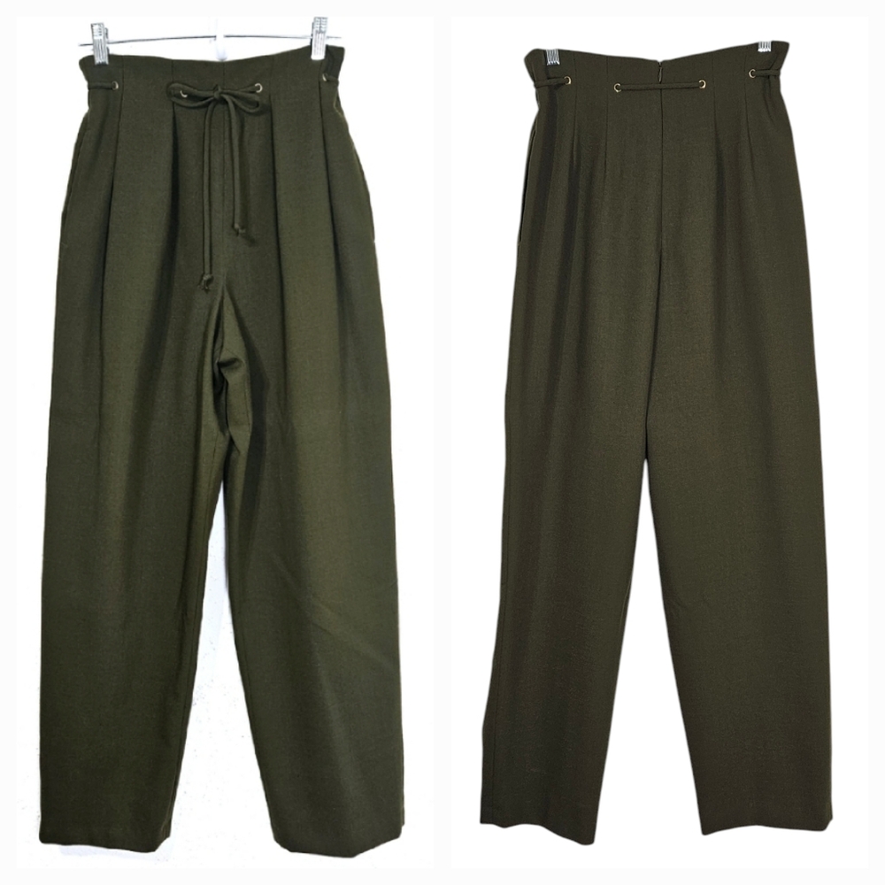Anne Klein Vintage High Waisted Pleated Wool Trousers in Olive Green Size 8